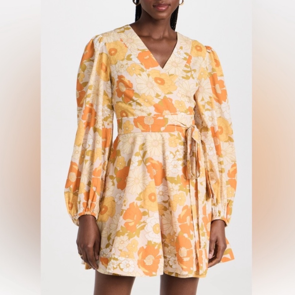 MILLE Nan Wrap Dress Retro Floral Midi Small NWT Boho Cotton Ruffle Tie Waist